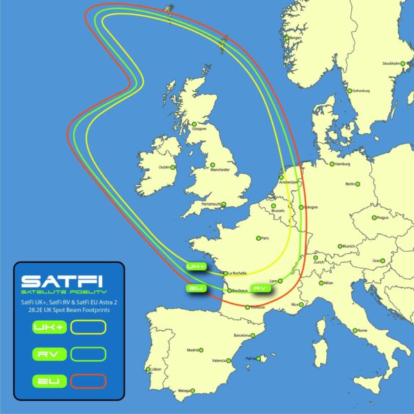 Satellite coverage - Satfi UK + - Yellow footprint